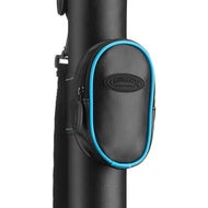 Black cue case with blue trim and Casemaster logo mounted on black cue stick