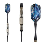 Three darts with blue lightning flights, silver barrels, black shafts