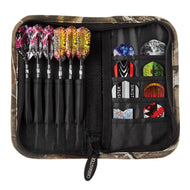 Open dart case with six darts and colorful flight designs in mesh pockets