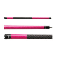Three billiard cues with pink and black sections and textured grip wrapping displayed horizontally