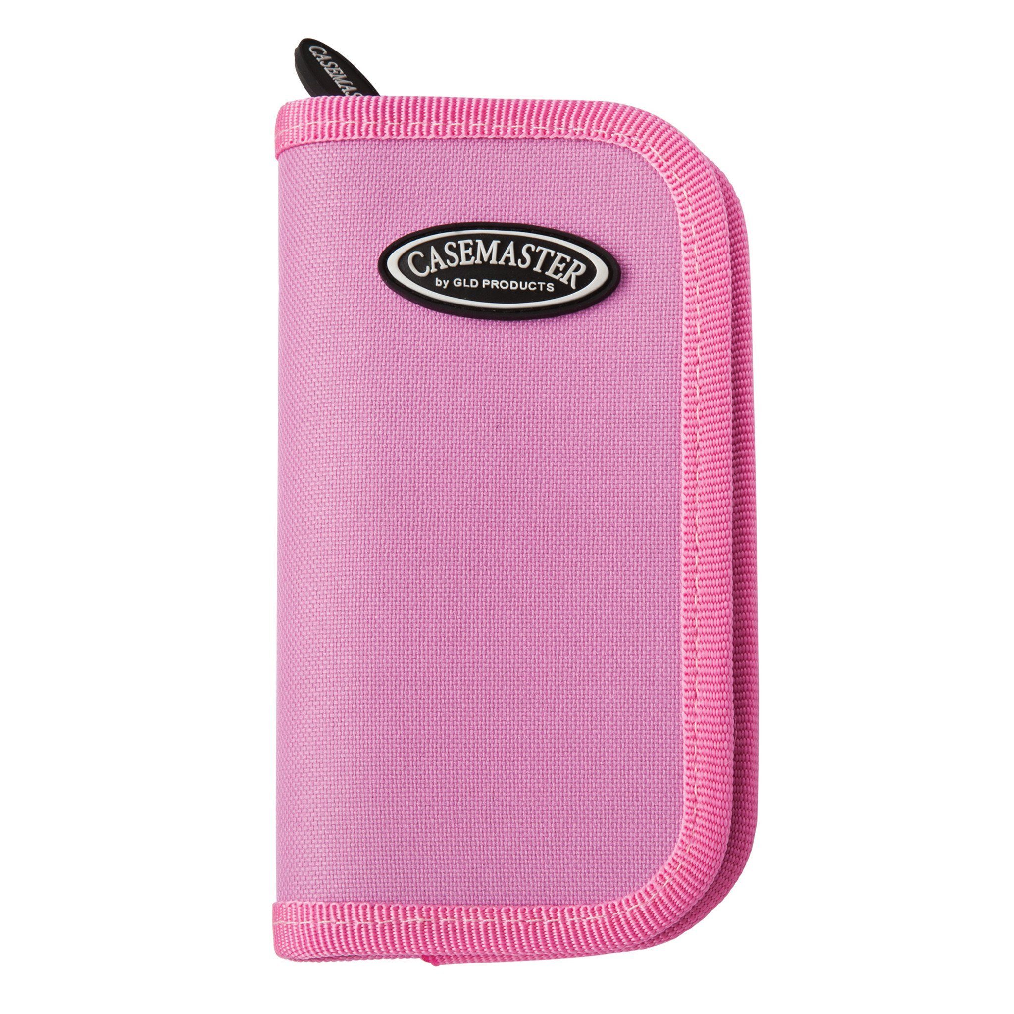 Pink nylon dart case with black Casemaster logo patch and black pull tab at top