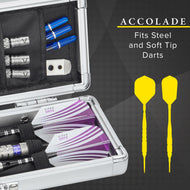Aluminum dart case containing blue darts, purple darts with Viper Oryx flights, and silver accessories