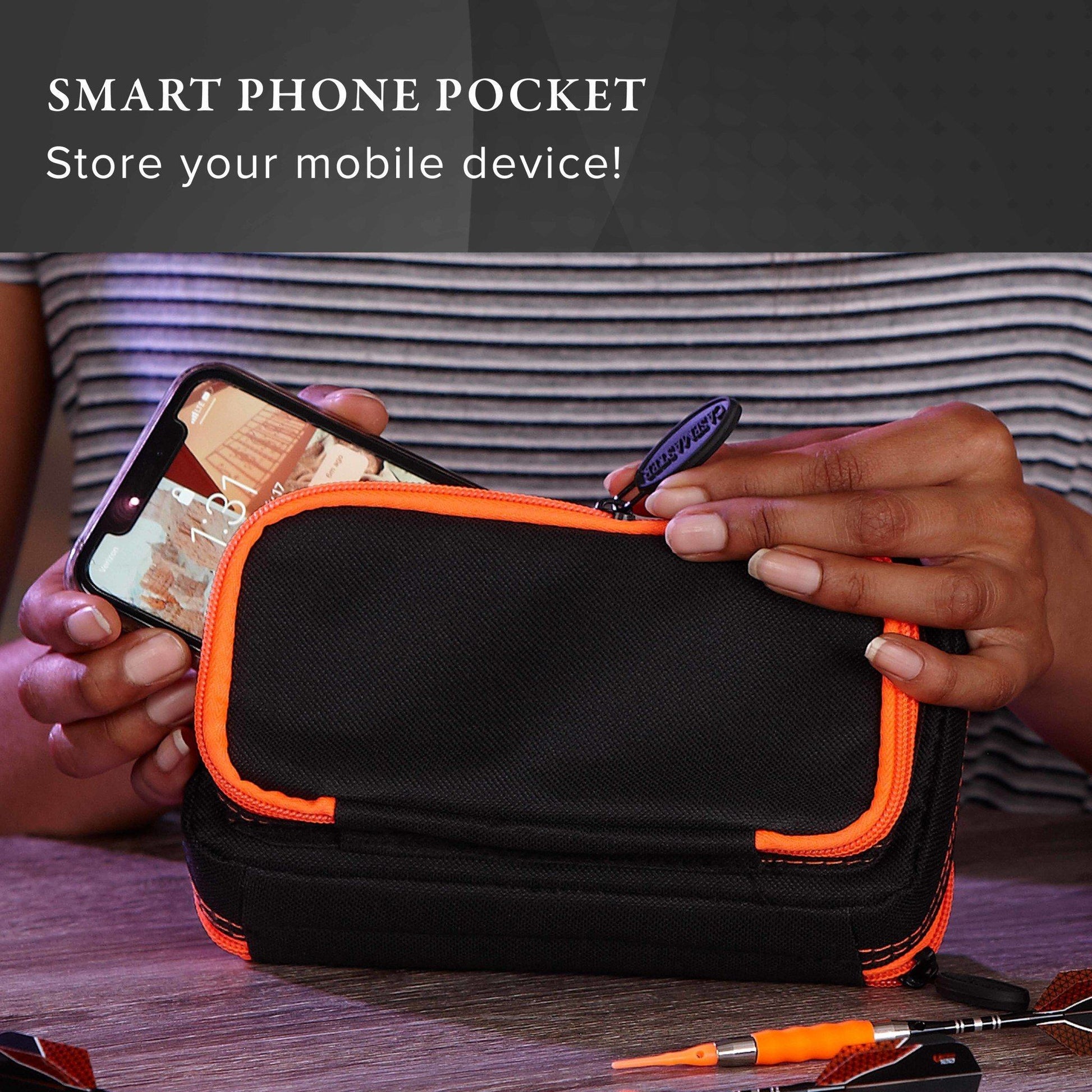 Black nylon case with orange trim held open, smartphone visible inside