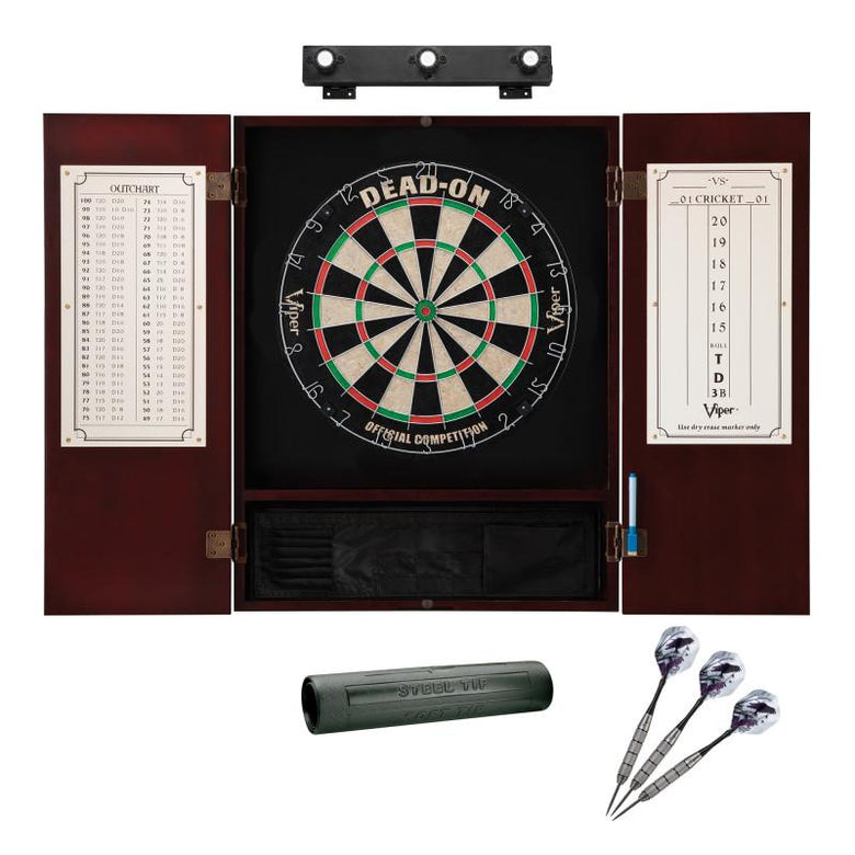 Viper Dead On Sisal Dartboard, Metropolitan Mahogany Cabinet, Shadow Buster Dartboard Lights & Padded Dart Mat Darts Viper 